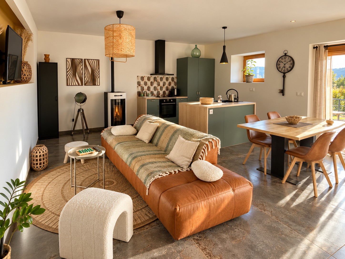 Le salon et la cuisine de l’appartement bucolique