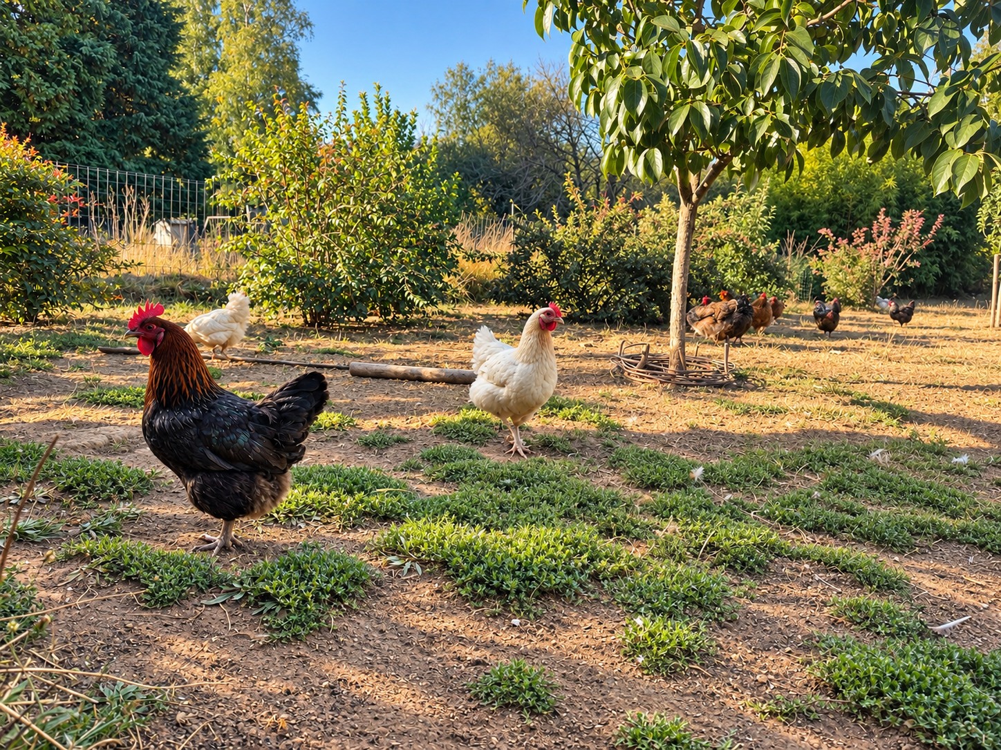 Nos poules dans le verger — agrandir la photo
