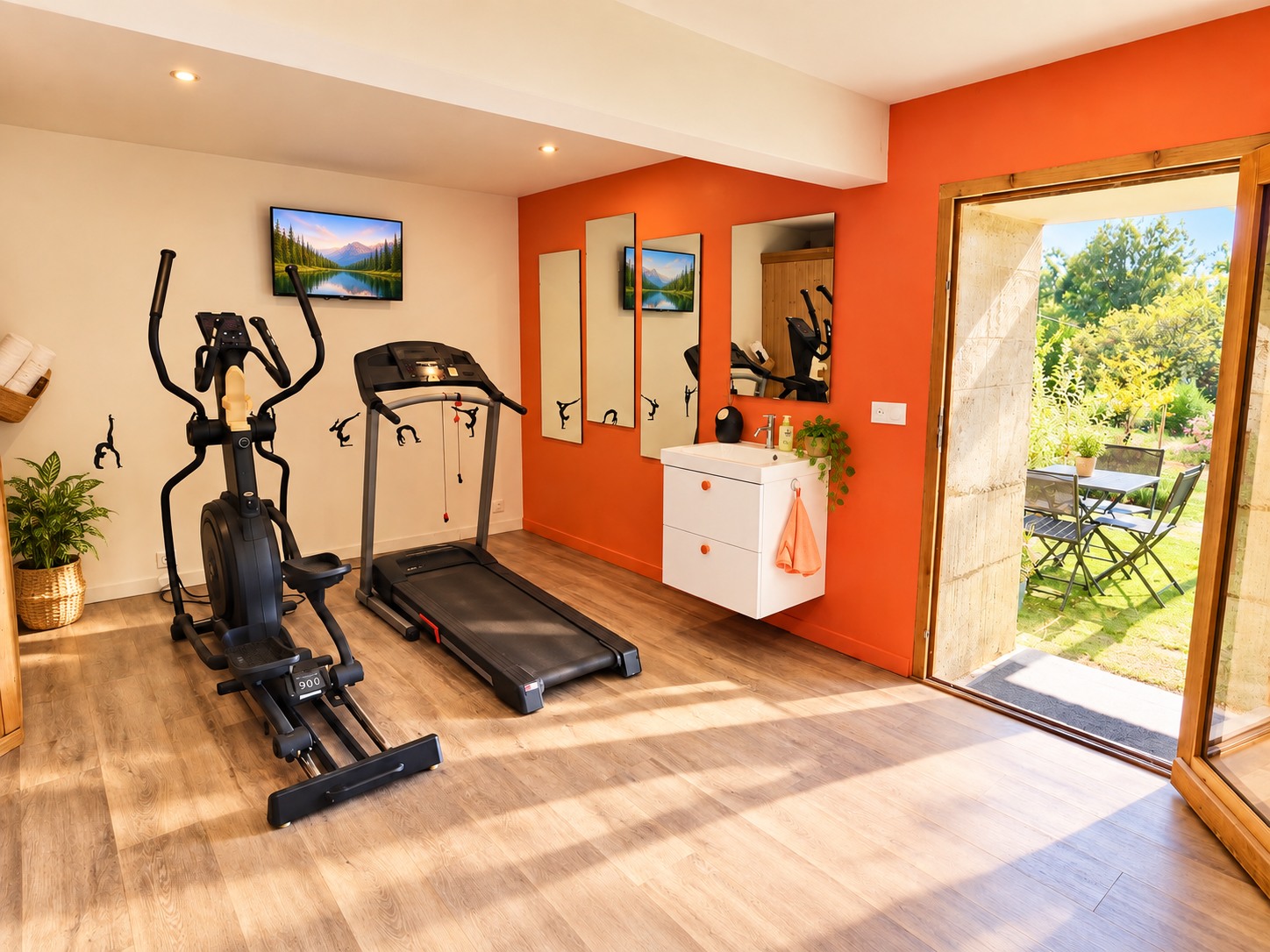 Le coin cardio, la télévision et l’ouverture sur le jardin — agrandir la photo